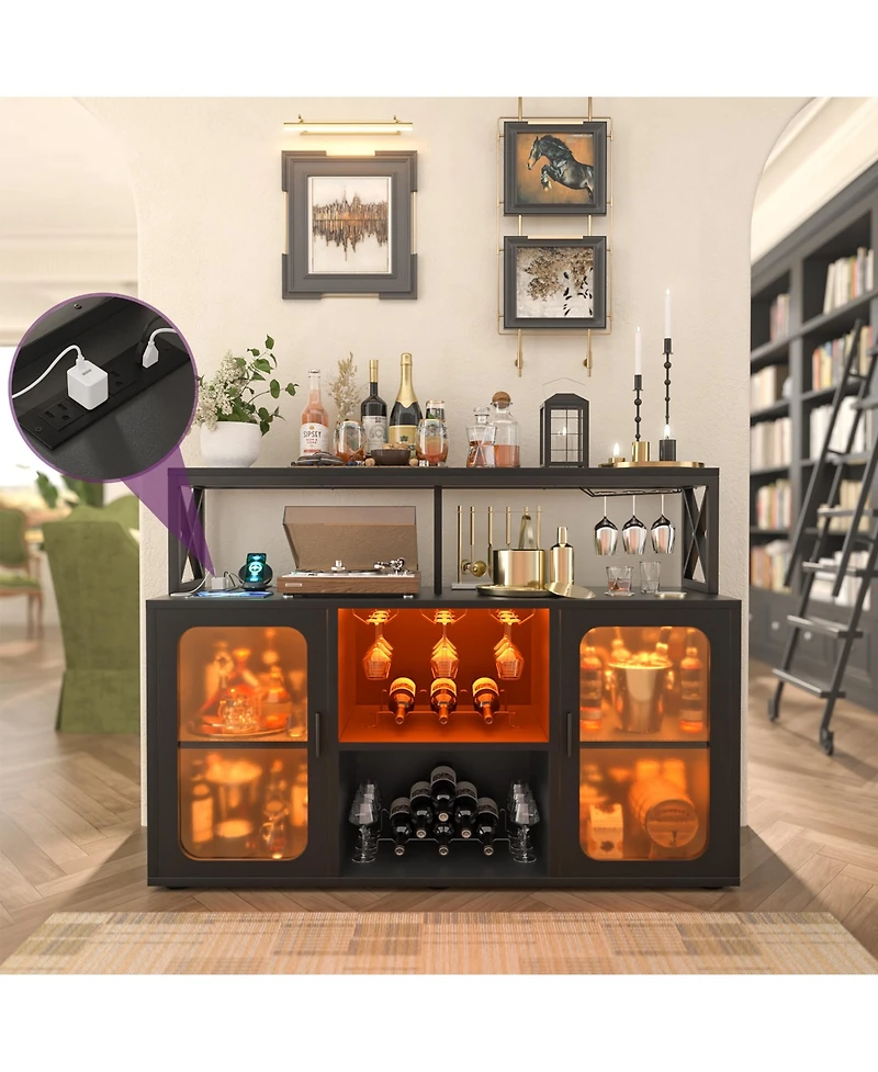 Aheaplus Wine Bar cabinet with Glass Holders and Doors, Buffet Power Outlet
