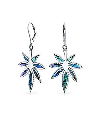 Bling Jewelry Iridescent Inlay Abalone Shell Marijuana Leaf Motif Dangle Earrings Sterling .925 Silver Leverback