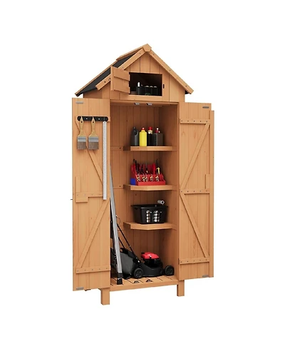 Small Natural Wood Garden Tool Storage Shed With Shelves Lockable Doors Roof Storage Compact Cabinet For Patios Backyards And Balconies