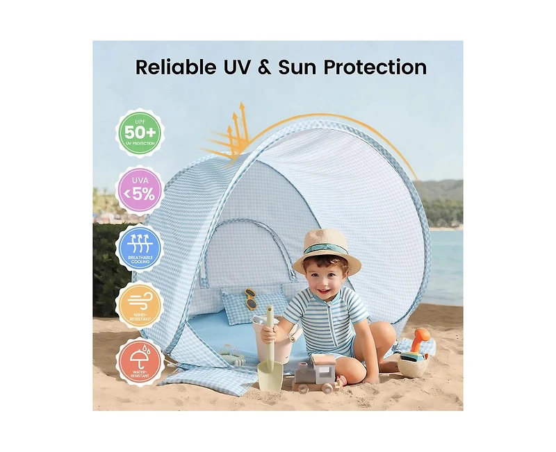 Tiny Land One-Stop Beach Tent Set - Play Tent for Outdoor Fun – Light Blue Gingham