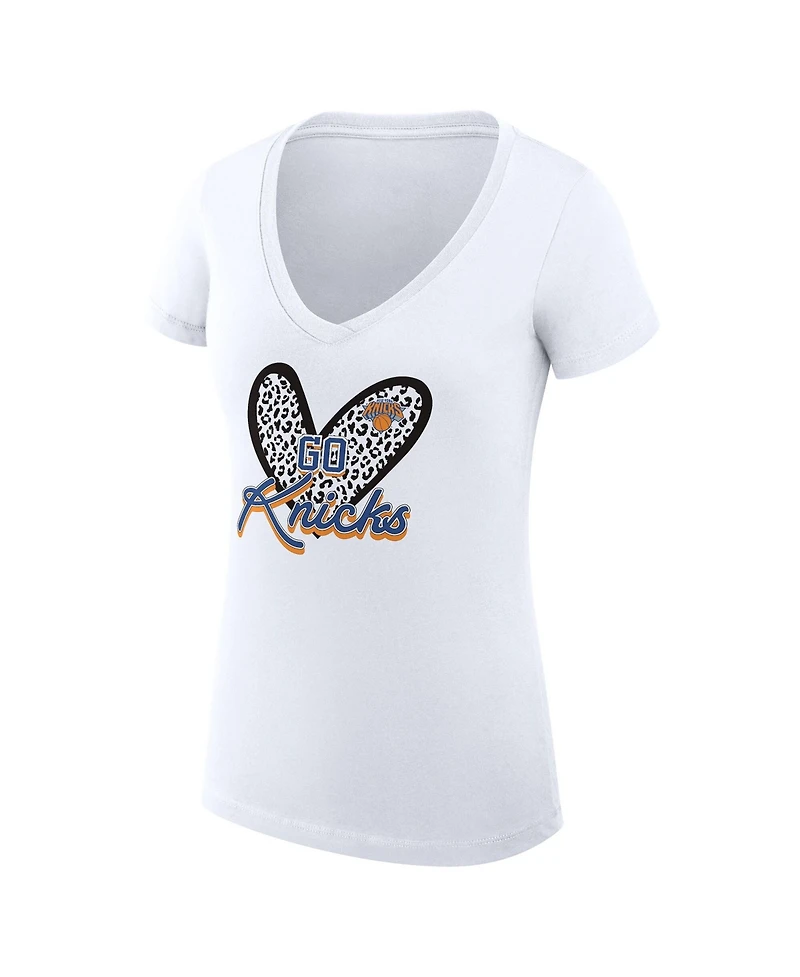 G-iii 4Her by Carl Banks Women's White New York Knicks Super-Slim Fit Lightweight Leopard Heart V-Neck T-Shirt