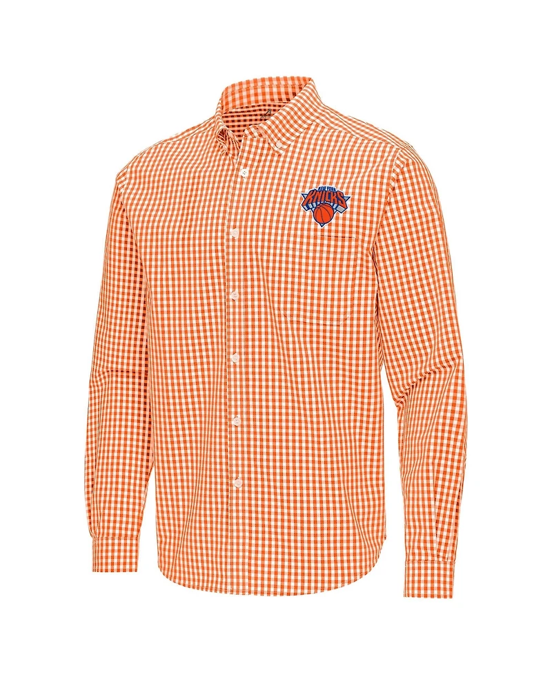 Antigua Men's Orange New York Knicks Ellis Woven Tri-Blend Button-Down Shirt