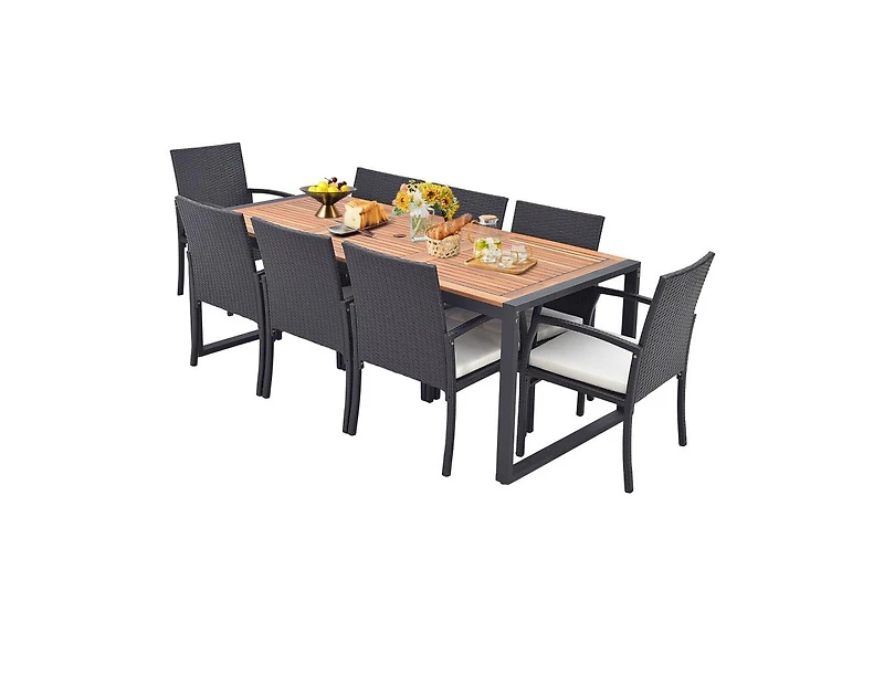 Mondawe 9 Piece Patio Rattan Dining Set with Acacia Wood Table and Cushioned Chairs