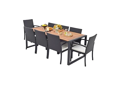 Mondawe 9 Piece Patio Rattan Dining Set with Acacia Wood Table and Cushioned Chairs