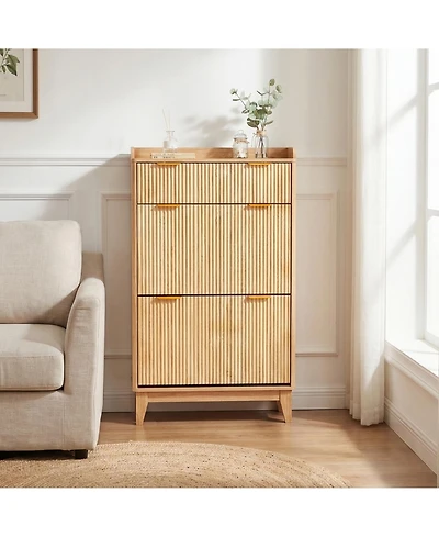 homfan Modern Vertical Storage Cabinet with Flip Drawer, Textured Front and Metal Handles, Space-Saving Shoe Orgzr for Entryway, Hallway, Living Room