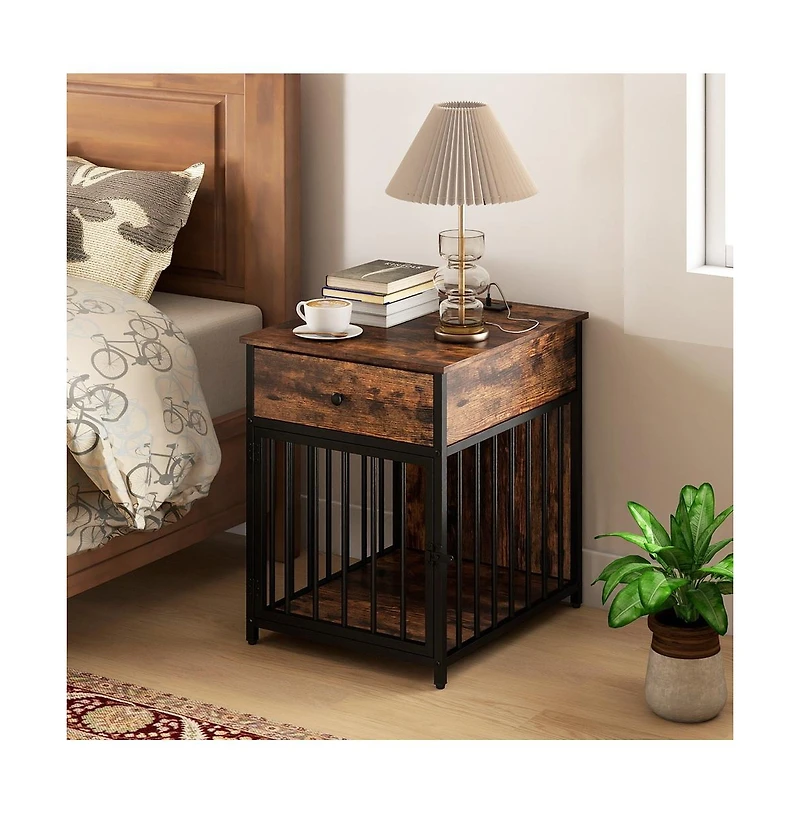 Ruie Wooden Dog Crate Side Table with Storage Drawer and Usb Charging Station