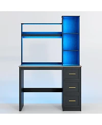 Vlsrka Modern Home Office Desk Led Lit with Drawers and Bookcase