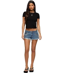 Edikted Womens Studded Frayed Low Rise Denim Shorts