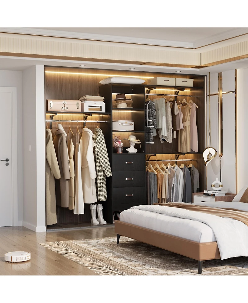 Aheaplus Closet System with 3 Hanging Rods, Drawers and Shelving Tower, 5-8 Feet Walk-in Organizer
