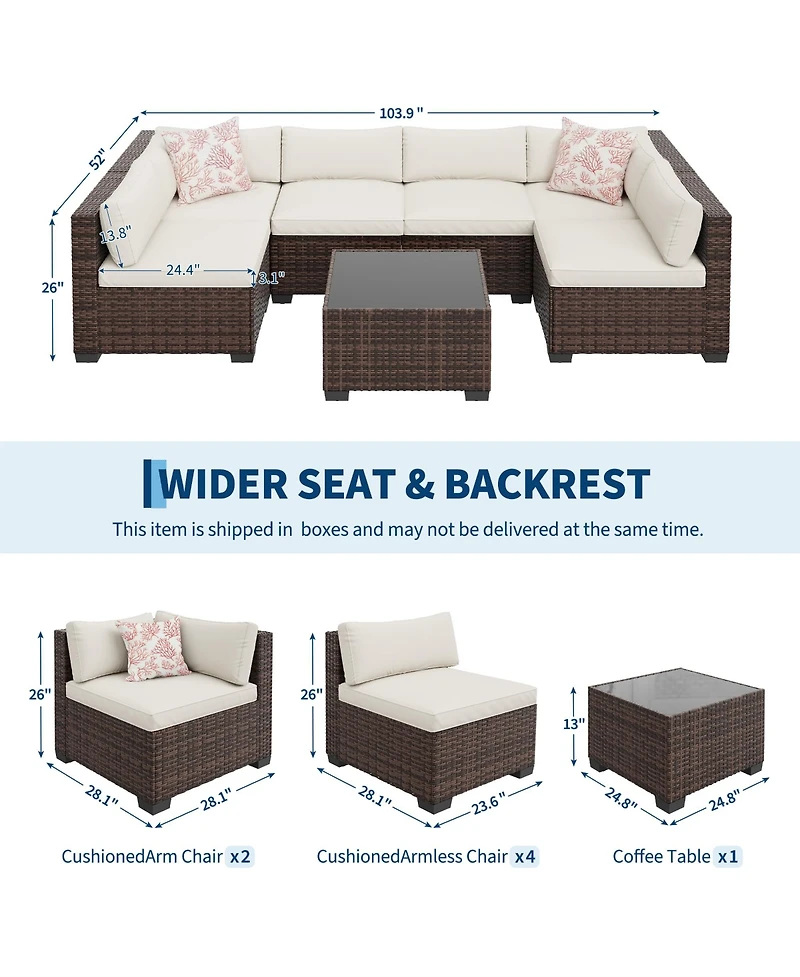 gaomon 7-Piece Wicker Patio Sectional Sofa, Outdoor Conversation Set with Washable Cushions and Glass Coffee Table for Garden Poolside Backyard