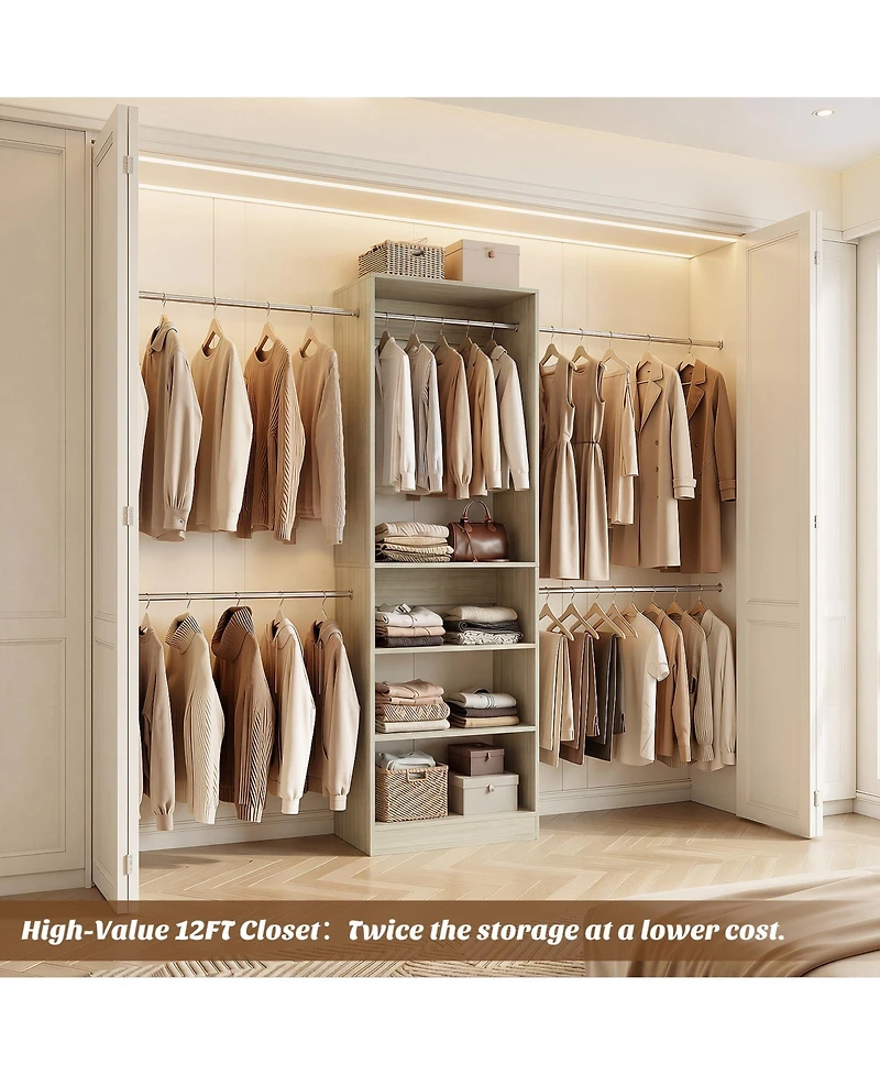 Aheaplus 5-10Feet Closet System with 5 Hanging Rods and Shelves, Expandable Organizer for Bedroom