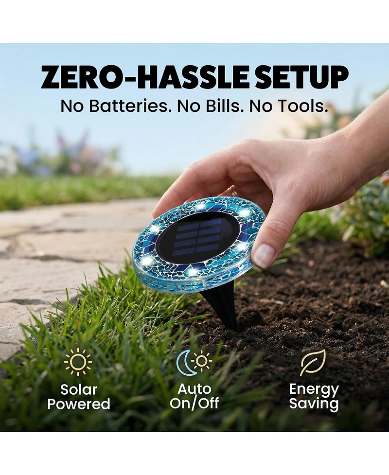 Mosaic Disk Lights Solar Powered 6 Led Weather Resistance Path 8-Piece