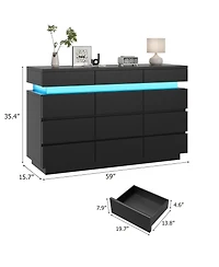 gaomon 59" 12 Drawer Dresser with Led Lights, Wooden Storage Cabinet, Handle-Free, Anti-Tipping, for Bedroom