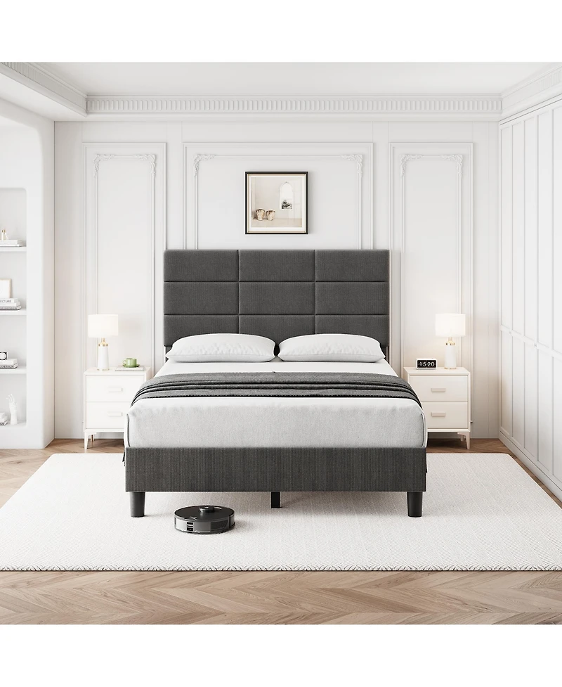 homfan Linen Upholstered Platform Bed Frame with Adjustable Headboard, Wood Slat Support, Quiet Design