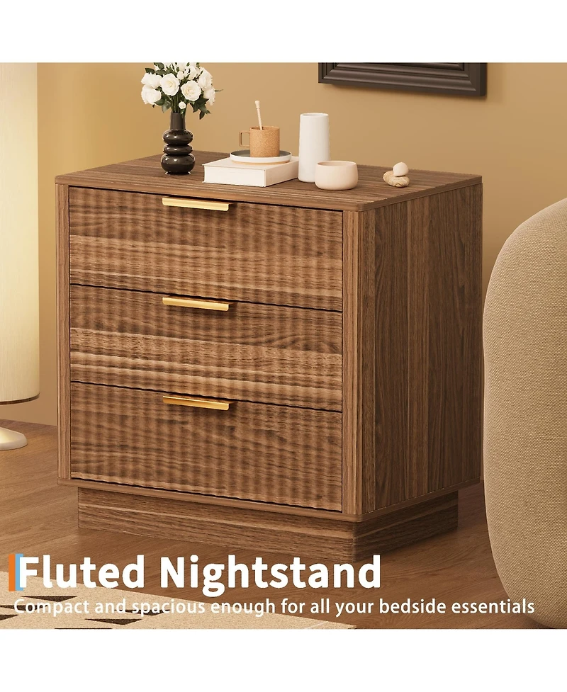 gaomon Fluted Nightstand set of 2, Wood with 3 Drawers Storage Bedside Table Large Bed Side End Table, Modern for Bedroom