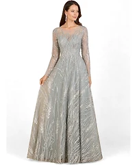 Lara Women's Long Sleeve Illusion Neck Gown