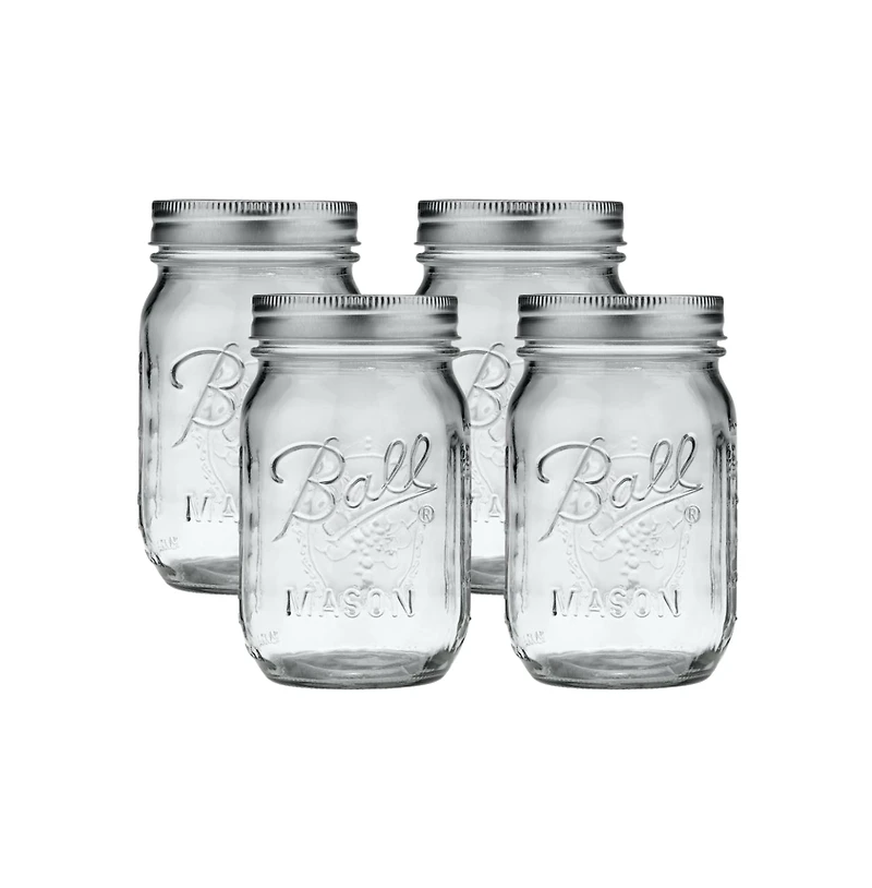 Ball Glass Mason Jars, Regular Mouth, Pint Size (16 oz), Pack of 4