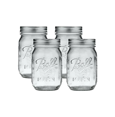 Ball Glass Mason Jars, Regular Mouth, Pint Size (16 oz), Pack of 4