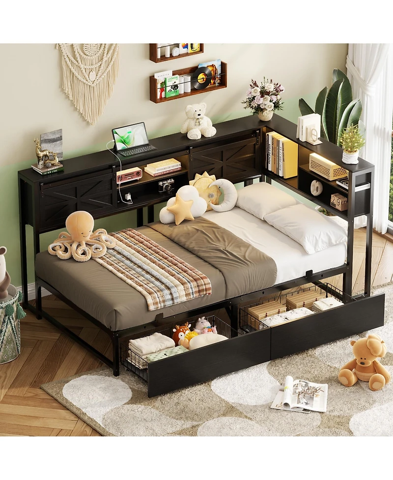 Aheaplus Bookcase Daybed with Wood Drawer, Corner Bed Frame Sliding Door
