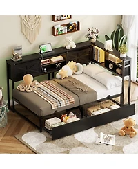 Aheaplus Bookcase Daybed with Wood Drawer, Corner Bed Frame Sliding Door