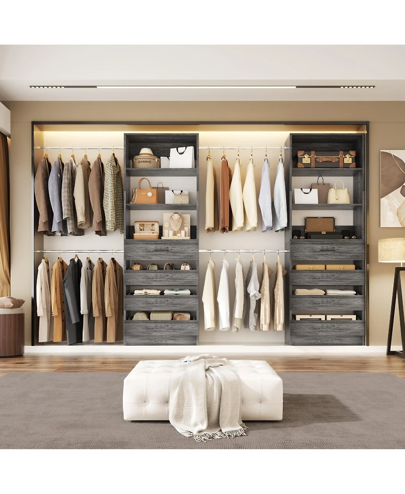 Aheaplus Closet System with 8 Wooden Drawers and 4 Hanging Rods, Organizer
