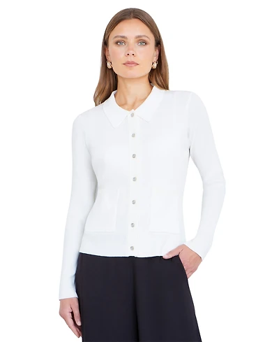 Yumi Women's Ribbed Collar Button Up Cardigan