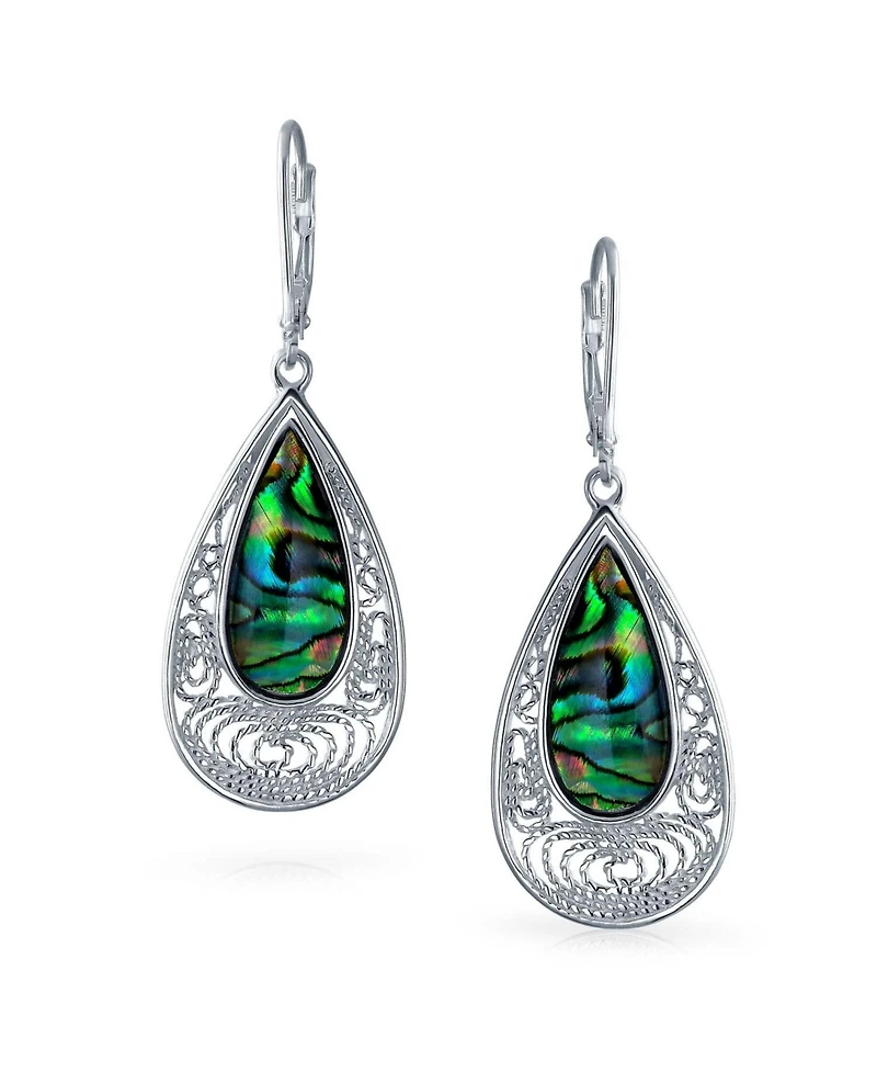 Bling Jewelry Bali Style Filigree Large Iridescent Abalone Shell Teardrop Earrings .925 Sterling Silver Leverback