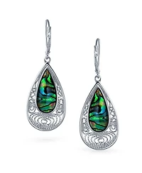 Bling Jewelry Bali Style Filigree Large Iridescent Abalone Shell Teardrop Earrings .925 Sterling Silver Leverback