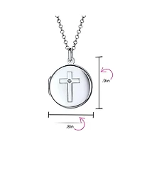 Bling Jewelry Religious Holy Cross Photo Locket Necklace Round Circle Holds Pictures .925 Sterling Silver