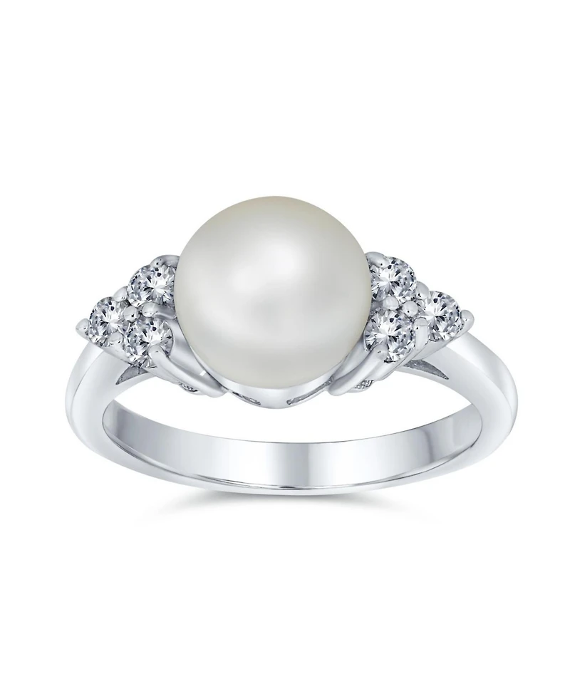 Bling Jewelry Party Cz Halo Side Stones Solitaire Freshwater Cultured Pearl Cocktail Ring .925 Sterling Silver