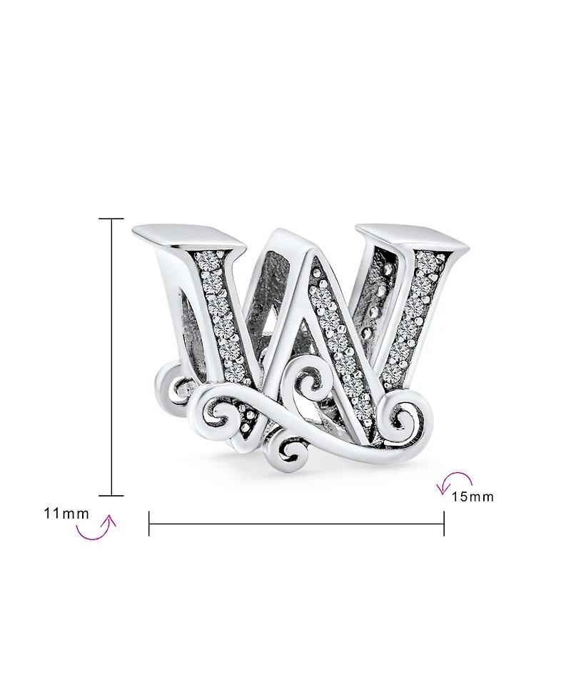 Bling Jewelry Initial Alphabet Bead Charm Fancy Scroll Cz Block Letter W for Bracelet .925 Sterling Silver