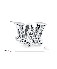 Bling Jewelry Initial Alphabet Bead Charm Fancy Scroll Cz Block Letter W for Bracelet .925 Sterling Silver