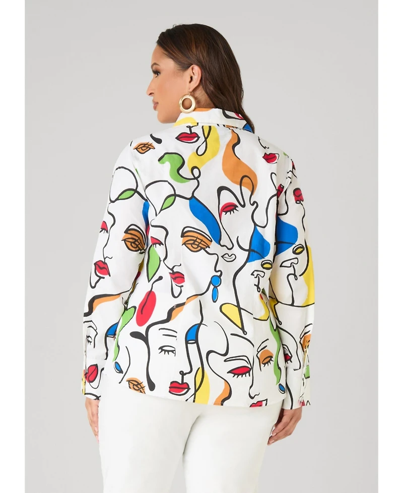 Ashley Stewart Women's Face Print Collared Shirt
