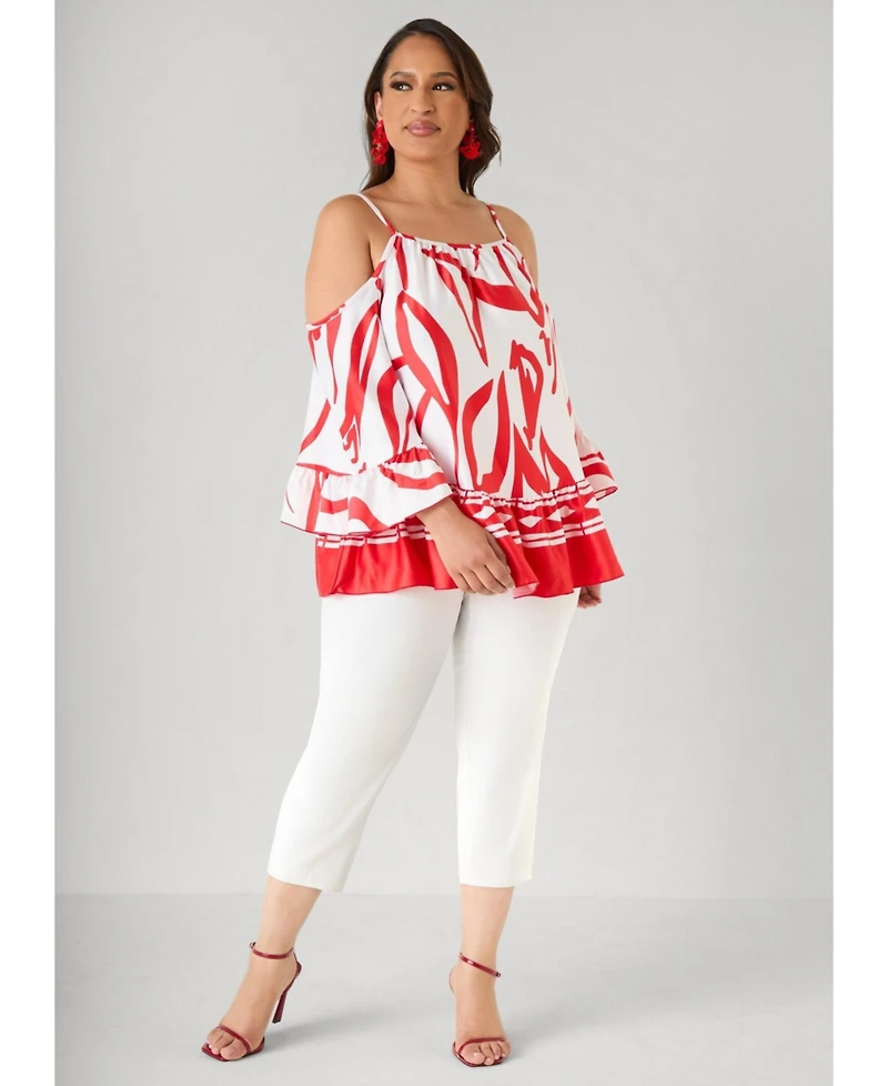 Ashley Stewart Women's Cold Shoulder Printed Satin Blouse