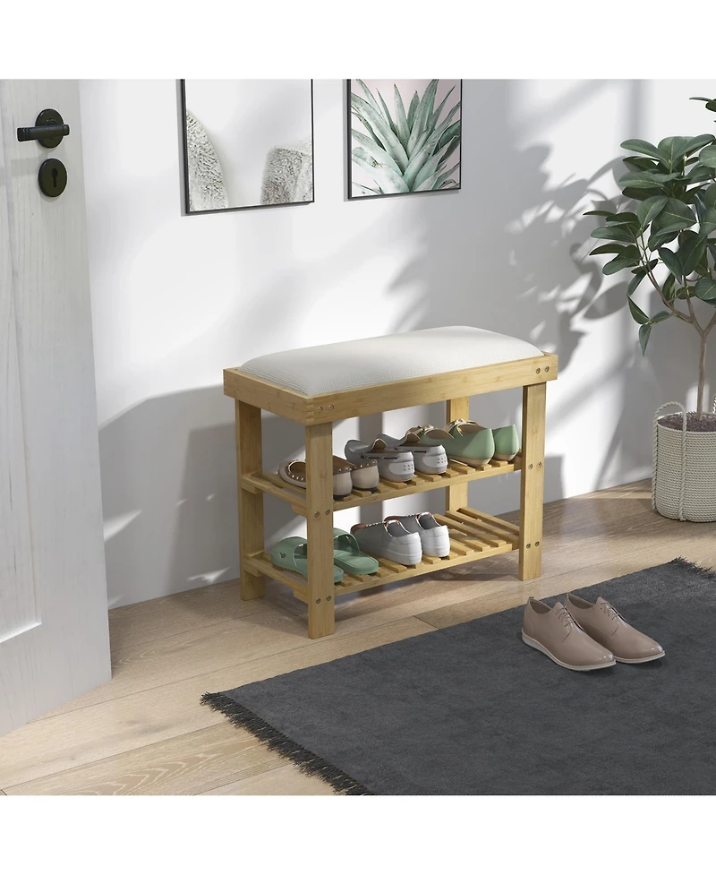 Homcom Bamboo Shoe Bench, Entryway Bench with Storage and Cushion