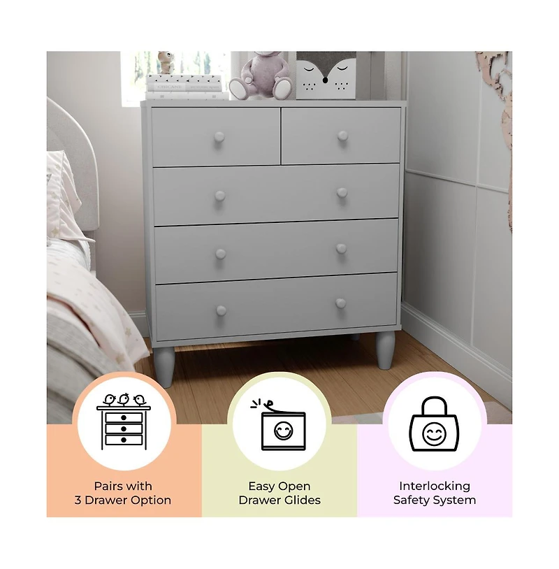 Large Kids 5-Drawer Wood Dresser Chest for Bedrooms