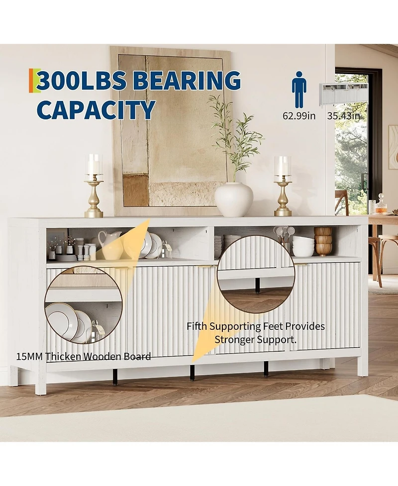 gaomon Sideboard Buffet Cabinet with Storage,65" Fluted Cabinet with 4 Doors, Long Buffet Cabinet, Sideboard Storage Cabinet for Kitchen,Living Room