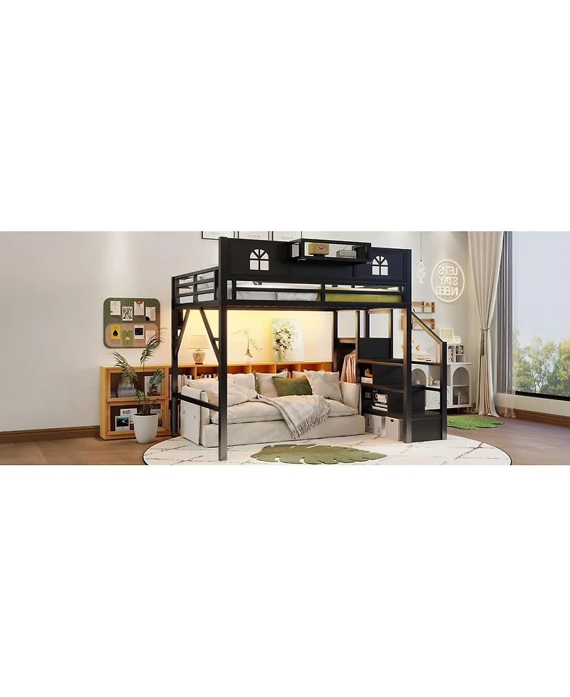 Streamdale Furniture Metal Full Loft Bed with Stairs, Wardrobe