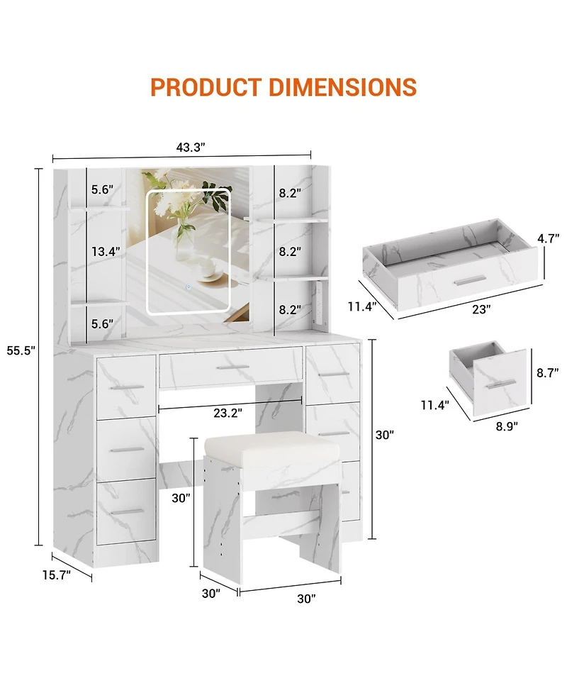 gaomon 43" Large Vanity Desk with 3 Colors Led Light and Mirror - Set Power Outlet Hairdryer Rack Makeup Table