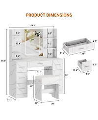 gaomon 43" Large Vanity Desk with 3 Colors Led Light and Mirror - Set Power Outlet Hairdryer Rack Makeup Table