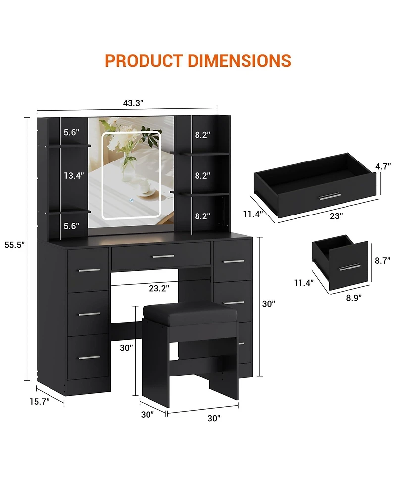 gaomon 43" Large Vanity Desk with 3 Colors Led Light and Mirror - Set Power Outlet Hairdryer Rack Makeup Table
