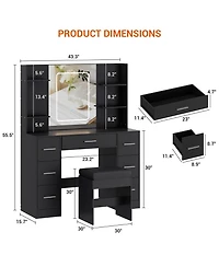 gaomon 43" Large Vanity Desk with 3 Colors Led Light and Mirror - Set Power Outlet Hairdryer Rack Makeup Table