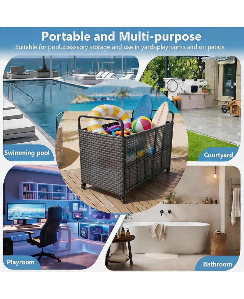 gaomon Poolside Rattan Storage Organizer, Outdoor Storage Bin with 2 Sides Handle, Pool Float Storage Holder with Mesh Rolling for Pool Noodles, Toys