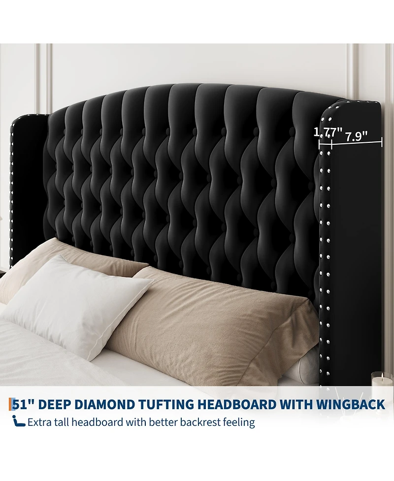 homfan Bed Frame with 51" Tall Tufted Wingback Headboard and Footboard, Soft Fabric Upholstery, Wood Slats, Noise-Free, No Box Spring Needed