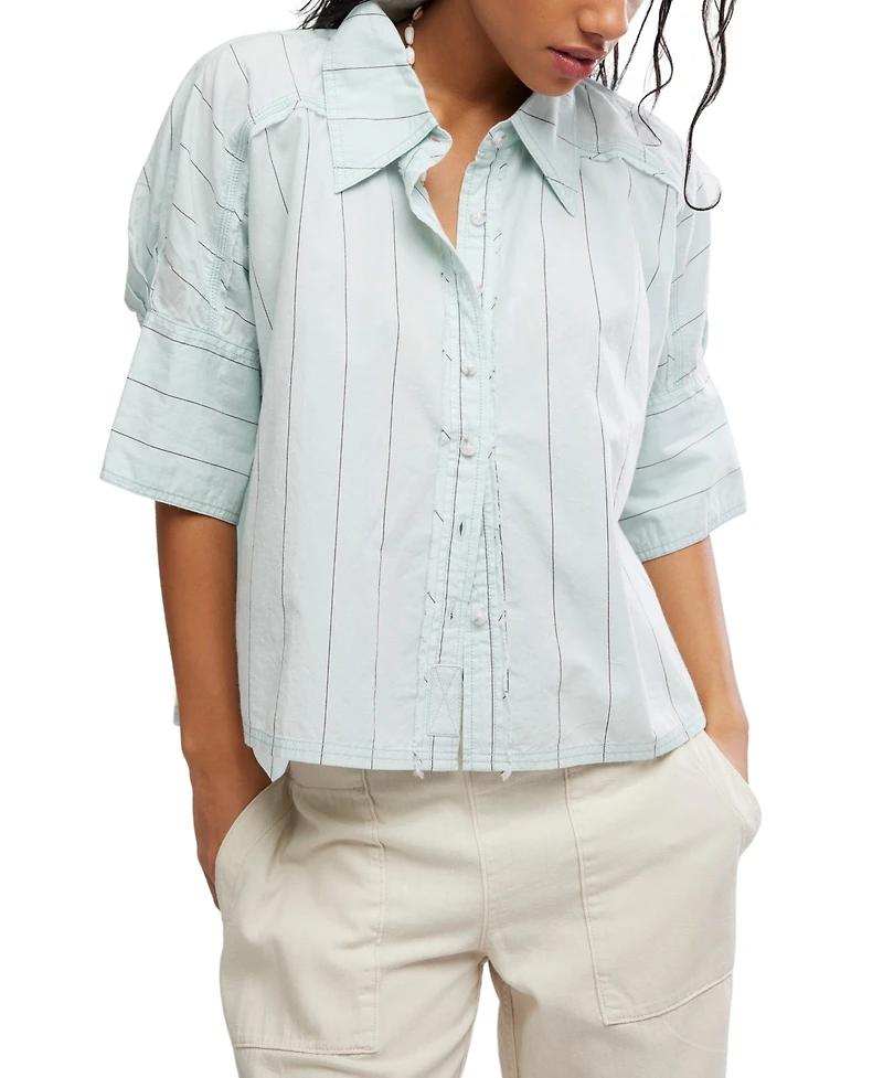Free People Women's Short-Sleeve Collared Striped Shirt