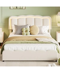 homfan Bed Frame with 2 Storage Drawers, Led Lights, Upholstered Bed with Adjustable Headboard, Wood Slats, No Box Spring