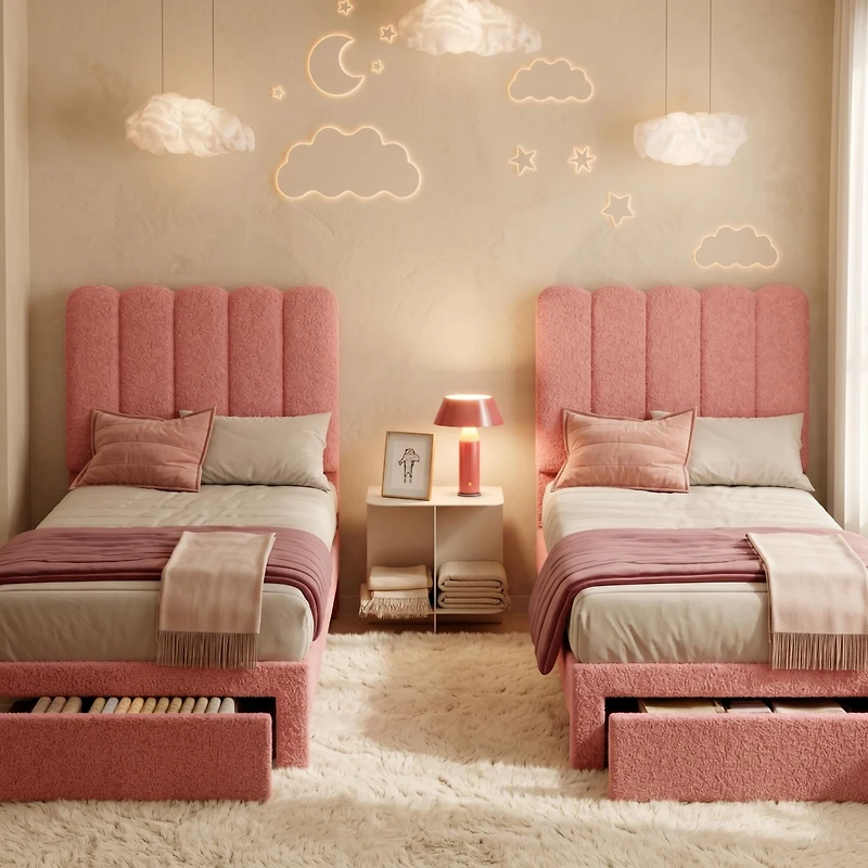 homfan 2 Piece Twin Bed Frame with Under-Bed Drawer, Upholstered Platform Bed with Wave Headboard for Kids, Wooden Slats Support