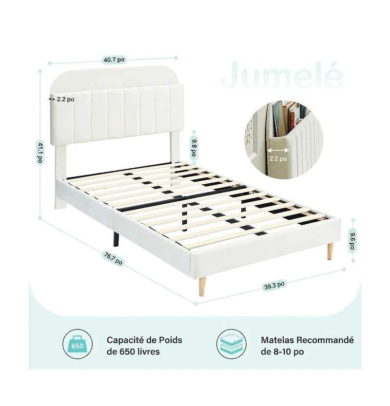 homfan 2Piece Twin Bed Frames, Platform Bed with Bookcase Headboard, Velvet Mattress Foundation, Heavy Duty Steel Legs, Easy Assembly