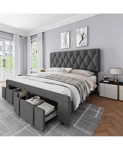 homfan Spacious Storage and Durable Support - King Upholstered Platform Bed Frame - Sturdy Sturdy-colored Wooden Slats