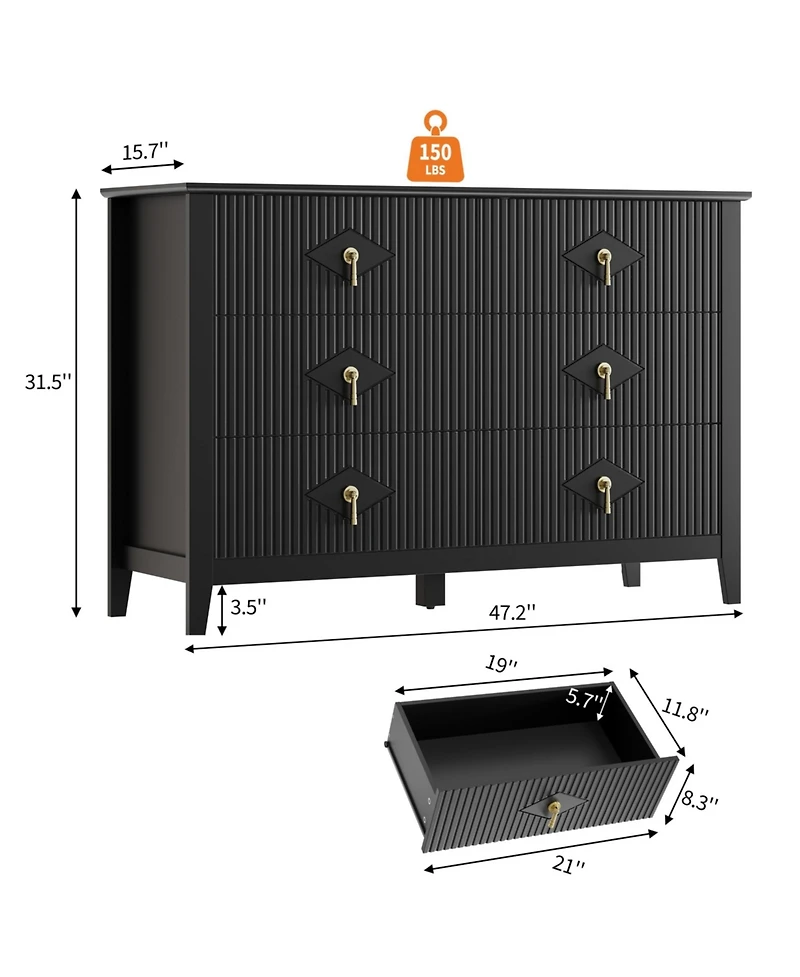 homfan Fluted 6-Drawer Dresser Chest with Metal Handles, 47.2" Wide Wood-Look Storage Organizer for Bedroom, Living Room, Hallway
